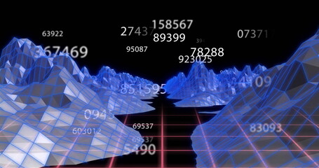 Poster - 3d grid landscape with floating numbers image over blue wireframe mountains