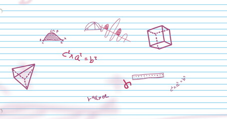 Poster - Geometric shapes and mathematical equations image over watercolor background on lined paper