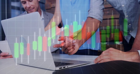 Poster - Financial data chart image over diverse business team analyzing documents