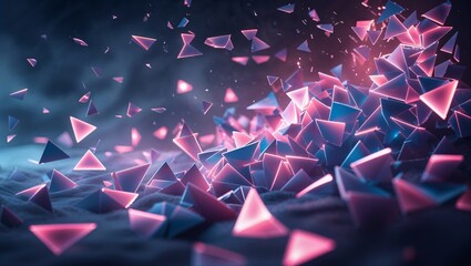 Poster - Colorful geometric shapes scatter across a glowing surface in a vibrant display of light and texture