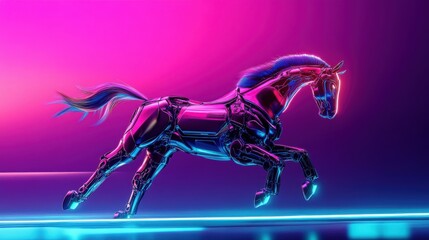 Poster - A Metallic Robotic Horse Running in Neon Light