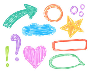 Leinwandbilder - Childlike abstract set with arrows, speech bubble and star in crayon drawn style