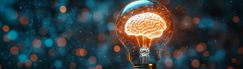 Wall Mural - A light bulb with a white human brain inside, glowing brightly, representing a moment of inspiration, vibrant details, modern concept, Midjourney AI