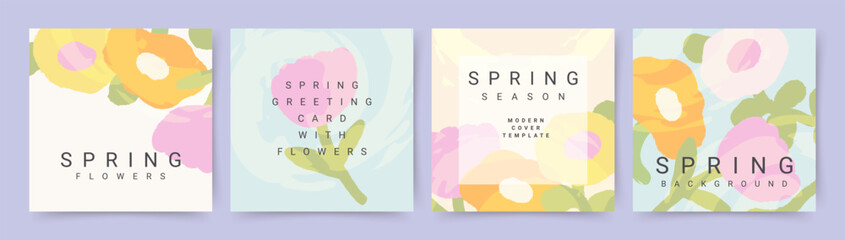 Wall Mural - abstract spring background set with a pattern of flowers and leaves. trendy vector illustration for 
