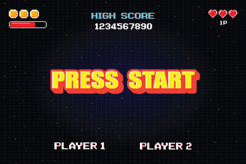 Leinwandbilder - PRESS START. pixel art .8 bit game. retro game. for game assets .Retro Futurism Sci-Fi Background. glowing neon grid. and stars from vintage arcade computer games