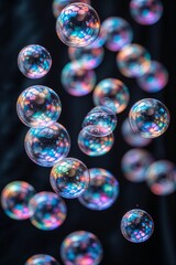 Poster - bubbles floating in the air with vibrant colors reflecting light in a dark background