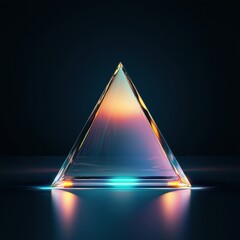 Poster - Shiny Transparent Crystal Pyramid Reflecting Light in Dark Background with Colorful Highlights