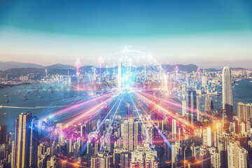 Aufkleber - Hong Kong cityscape with vibrant light trails showing business growth concept. Aerial view of urban development and growing up in a modern city.