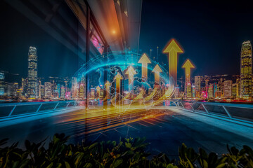 Wall Mural - Hong Kong cityscape concept, symbolizing business growing up, with upward arrows against the night skyline.