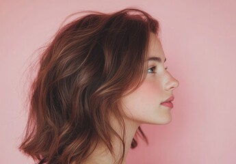 Poster - a woman with long brown hair, standing against a light pink background