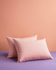 Poster - pillow and fabric in studio room, peach background, violet backdrop, soft texture, ideal for product mockup. A warm and inviting scene.