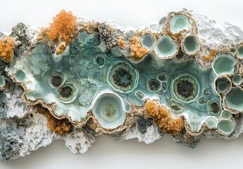Poster - Intricate Natural Formation of Geode with Turquoise and Orange Crystals, Highlighting Textures and Colors in a Unique Mineral Display
