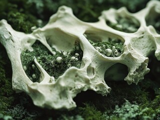 Poster - Intricate Natural Texture with Organic Form and Lush Green Moss Highlighting Unique Bone Structure in Macro Photography
