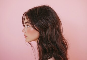 Poster - A beautiful woman with long brown hair, in profile view on a pink background