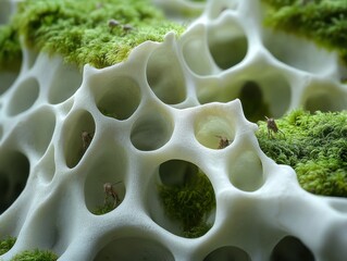 Poster - Intricate Texture of Coral Structure with Green Moss in Close-Up, Highlighting Unique Holes and Organic Shapes Found Underwater Ecosystems