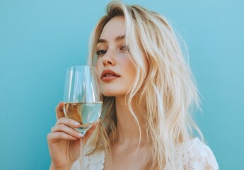 Wall Mural - Portrait of a beautiful woman with a glass of wine on a blue background, drinking red wine and enjoying the aroma