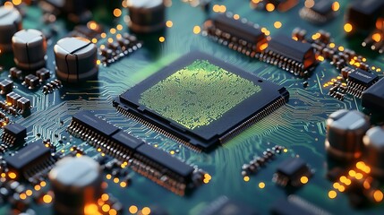 Close-up CPU circuit board detail, glowing