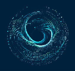Poster - Vector illustration of a dynamic, swirling pattern made from blue dots against a black background. It evokes a sense of cosmic energy and movement, blending digital aesthetics with futuristic art.
