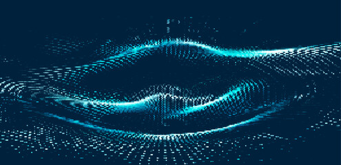 Poster - Vector illustration depicting a flowing wave pattern of blue dots against a dark background. It evokes fluid motion and digital aesthetics, blending technology and art in a harmonious design.