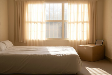 Poster - Soft morning light fills a minimalist bedroom with a bed and a cardboard box