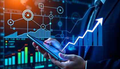 Business growth and internet technology. Business person using tablet computer. Network structure and graphs
