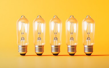 Wall Mural - Five light bulbs standing in a line against a yellow background, symbolizing rising energy costs, glowing softly, minimalist design, high detail, Midjourney v6