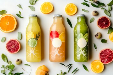 Wall Mural - Vibrant Fruit Juices in Glass Bottles