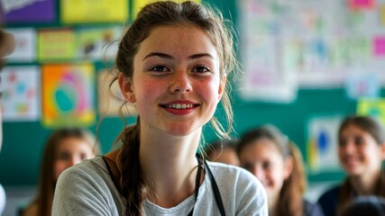 Poster - Young teacher engaging students in interactive lesson during classroom session, Attractive young teacher in class, explaining a subject to her students