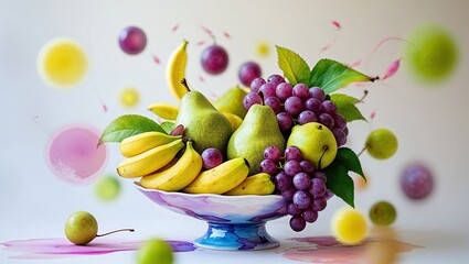 Poster - colorful fruit arrangement with pears, bananas, and grapes on a decorative bowl in a bright setting