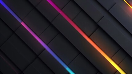 Poster - 3d luxury abstract black geometric texture with rainbow color neon light stripes, background banner web design webdesign