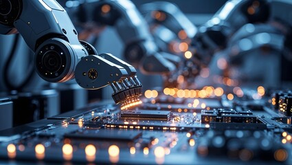 Poster - advanced robotic arms assemble circuit boards in a high-tech manufacturing facility during evening h