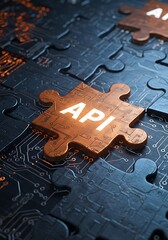 Poster - Digital representation of API integration with interlocking puzzle pieces on a futuristic tech background symbolizing connectivity and interoperability.