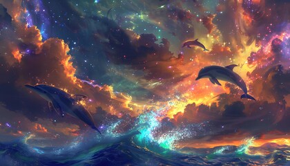 Aufkleber - A dreamlike ocean where glowing dolphins leap through radiant waves, under a sky filled with vibrant, abstract auroras