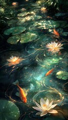 Poster - A dreamlike river where glowing lily pads float, and radiant fish create trails of light as they swim beneath the water s surface