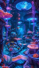 Aufkleber - A surreal underwater city built from glowing coral, with radiant paths winding through luminous arches and vibrant marine life