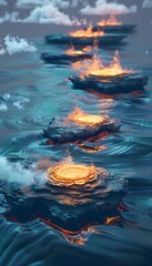 Aufkleber - A surreal ocean where glowing islands float mid-air, with radiant waves forming abstract patterns beneath them