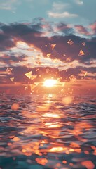 Aufkleber - A conceptual sunset where the sun radiates glowing geometric shapes, casting surreal patterns on the ocean below
