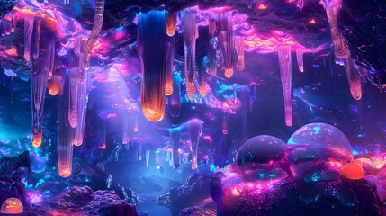 Aufkleber - A surreal cave system where glowing stalactites drip radiant liquid that illuminates the walls with abstract patterns