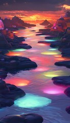 Poster - A vibrant river winding through a surreal landscape of floating islands, each glowing softly and reflecting pastel colors in the water below