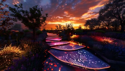 Poster - A conceptual garden where plants emit soft radiant light, and pathways reflect glowing geometric patterns under a surreal sunset