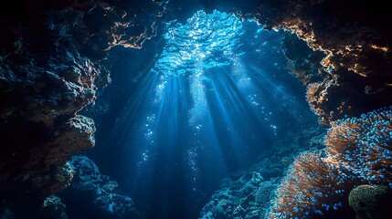 Aufkleber - A surreal underwater cave illuminated by glowing coral formations and radiant sea creatures that pulse with light