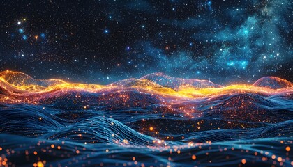 Aufkleber - A conceptual ocean with glowing waves that form intricate light patterns, under a sky filled with radiant abstract constellations