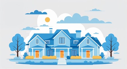 Poster - Set bundle of light blue ranch house minimalist childish style illustration on plain white background