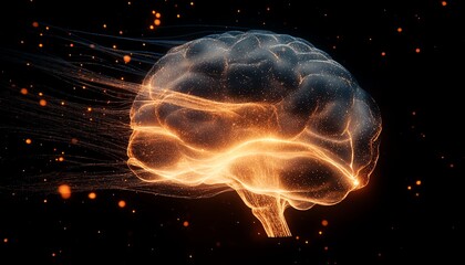 Poster - Digital artwork of a glowing brain with neural activity, where network connections appear as bright lines, illustrating intelligence and technology against a dark background