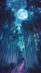 Poster - A dreamlike forest in Japan where glowing bamboo stalks create radiant pathways under a pastel moonlit sky