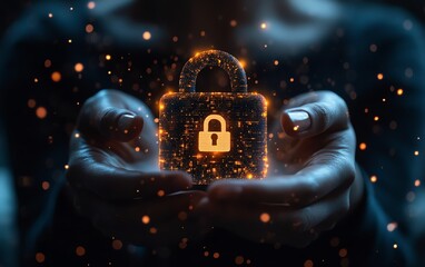 Fototapete - Futuristic visual of a businessperson holding a glowing lock icon