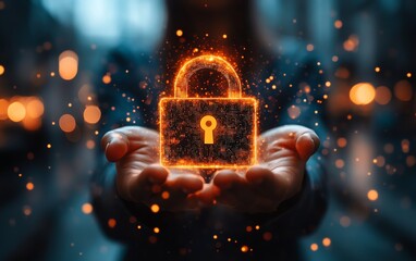 Poster - Illustration of a businessperson holding a glowing lock icon, symbolizing cybersecurity, with a tech expert displaying the concept of data protection and digital transformation