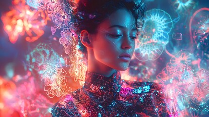 Poster - A conceptual fashion editorial featuring a model in a structured outfit surrounded by glowing fractal designs and radiant patterns