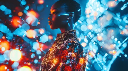 Poster - A conceptual fashion editorial featuring a model in a structured outfit surrounded by glowing fractal designs and radiant patterns