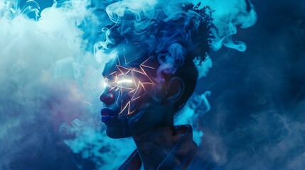 Aufkleber - A conceptual portrait with a model wearing a glowing mask, surrounded by radiant mist and abstract geometric lights